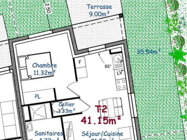T2 de 42 m2 + terrasse + terrain avec garage fermé et cave