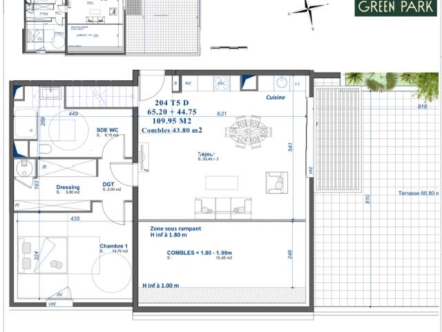 T5 DUPLEX de 109 m2, Terasse de 66m2, parking box double