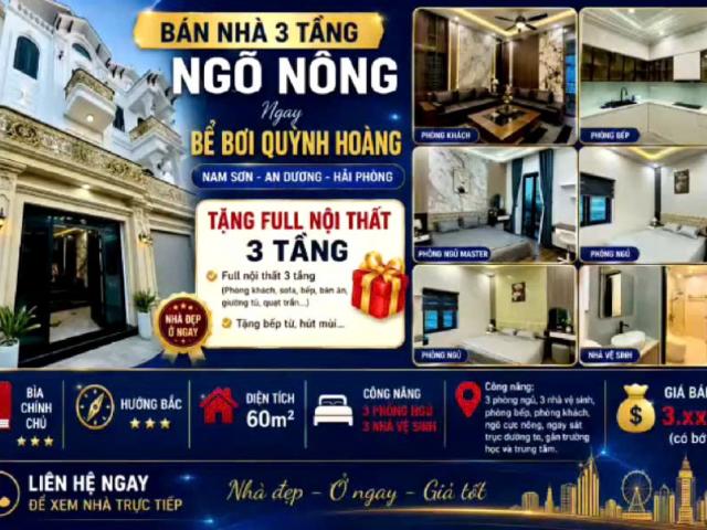 Tặng full nội thất Nhà 3 tầng đẹp ngay bể bơi Quỳnh Hoàng, Nam Sơn, An Dương Chỉ 3,85 tỷ