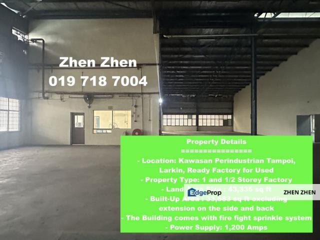Tampoi, Larkin Factory For Rent, 1200 Amps, Ready Factory, Strategic Location, c/w Sprinkle system
