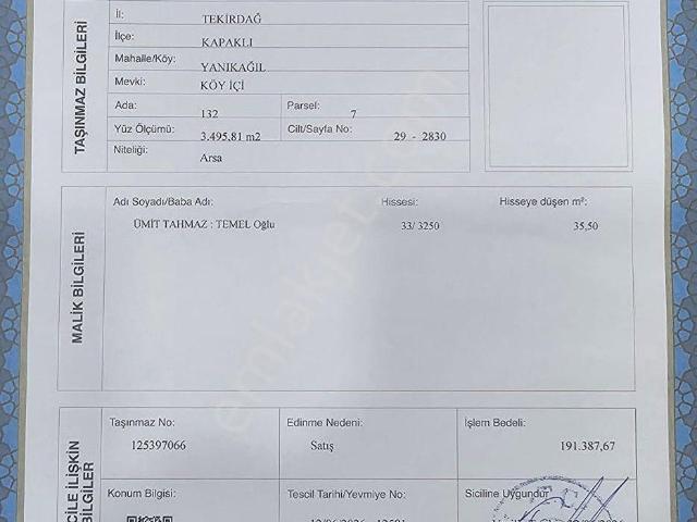 Tekirdağ Kapaklı Müsatkil Ev Tapu Sahibi Perta Emlak Ümit Tahmaz