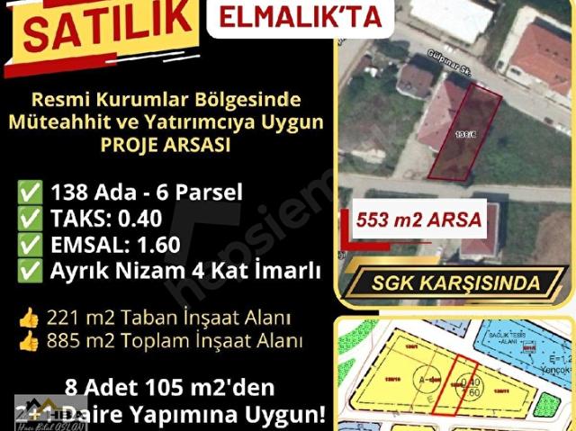 TERME'NİN EMLAKÇISINDAN Elmalık'ta, SGK Karşısında, 4 Kata İmarlı Arsa