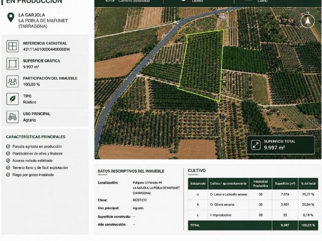 Terreno en venta en calle La Garjola, Pobla de Mafumet, la, de 10.000 m² por 89.000