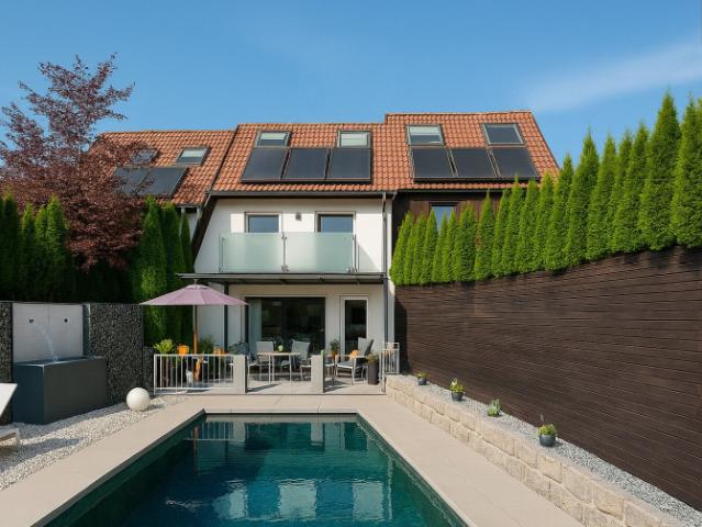 Traumhaft schöne, moderne Reihenvilla mit Pool, Garten, Terrasse und Garage ideale Lage in Hallwang mit schönem Ausblick!
