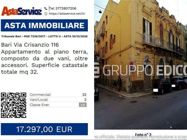 Tribunale Bari RGE 7239/2017 LOTTO U Tribunale Bari RGE 7239/2017 LOTTO U ASTA 10/12/2026