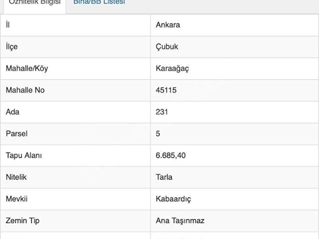 ÇUBUK KARAAĞAÇTA 6.685 M KÖK TAPULU ÇİFTLİK YAPIMINA UYGUN YATIRIMLIK TARLA