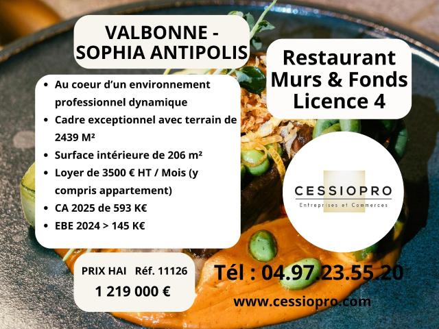 Valbonne Sophia Antipolis Restaurant Murs et Fonds de Commerce avec licence 4 au cadre exceptionnel