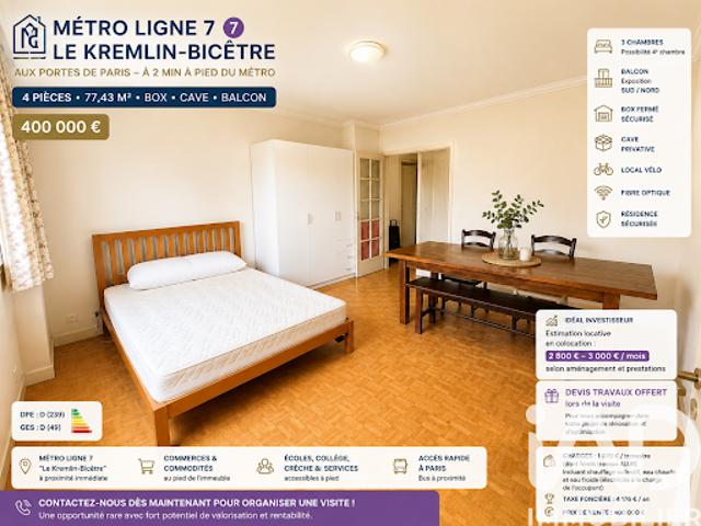 Vente Appartement 4 pièces 77 m2 Le kremlin bicetre