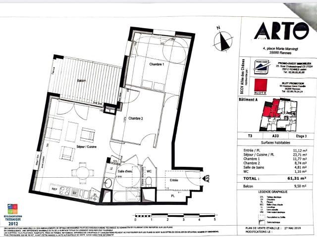 Vente appartement 3 pièces Rennes Nord Saint Martin 35