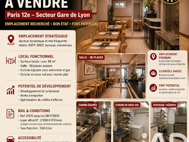 Vente Fond de commerce 0 pièces 58 m2 Paris 12ème