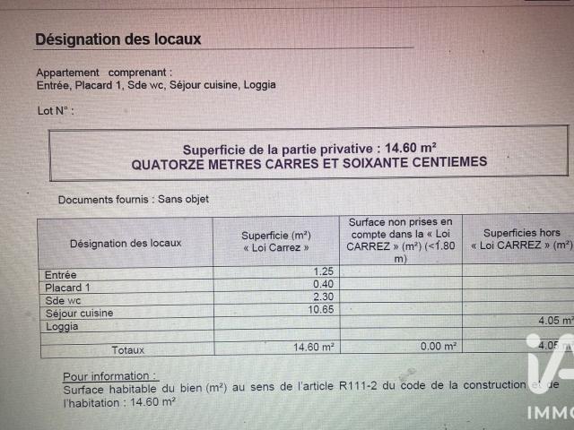 Vente Studio 1 pièce