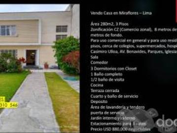 Vendo casa en Av. Republica de Panamá Miraflores Lima Área 280m2