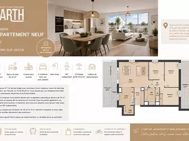 Vern sur Seiche 35770 Achat / Vente appartement 4 pièces t4 au dernier étage