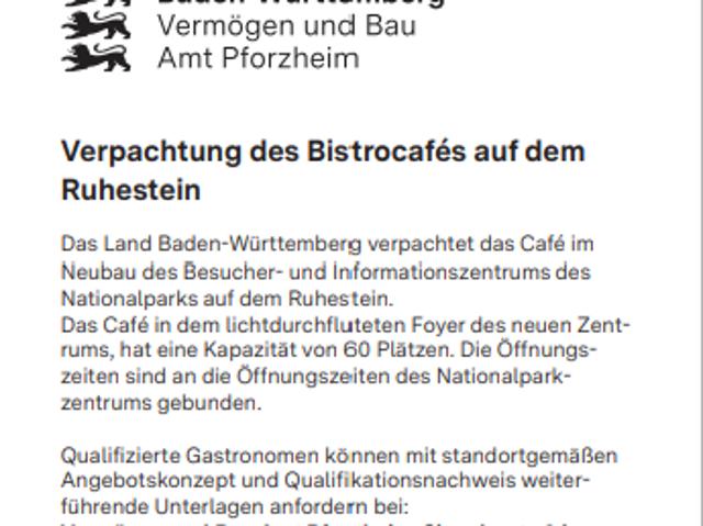 Verpachtung des Bistrocafés auf dem Ruhestein