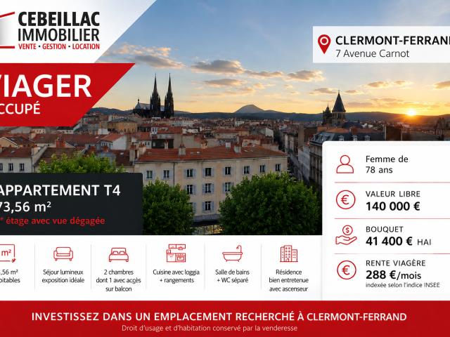 VIAGER OCCUPE Clermont Ferrand Centre Appartement T4 de 73,56 m2 avec vue dégagée