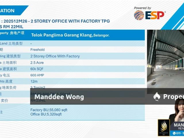 WTR/2 STOREY OFFICE WITH FACTORY/60K SQFT/90,600/TELOK PANGLIMA GARANG
