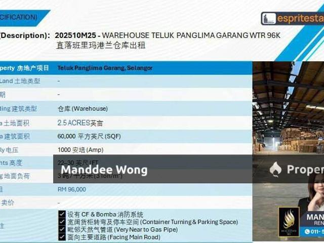 WTR/WAREHOUSE/60K SQFT/96K/TELUK PANGLIMA GARANG