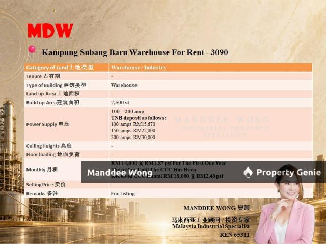WTR/WAREHOUSE/7,500 SQFT/KAMPUNG SUBANG BARU/SHAH ALAM/SELANGOR