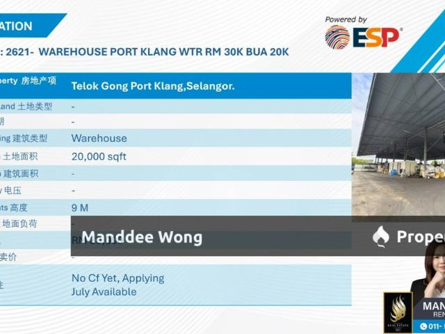 WTR/WAREHOUSE/20K SQFT/30K/TELOK GONG/PORT KLANG