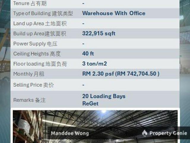 WTR/WAREHOUSE WITH OFFICE/322,915 SQFT/742,704/SHAH ALAM