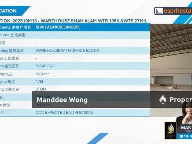WTR/WAREHOUSE WITH OFFICE BLOCK/58,545 SQFT/135K/SHAH ALAM