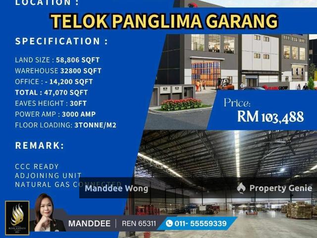 WTR/WAREHOUSE/FACTORY/32,800 SQFT/103,488/TELUK PANGLIMA GARANG/KLANG