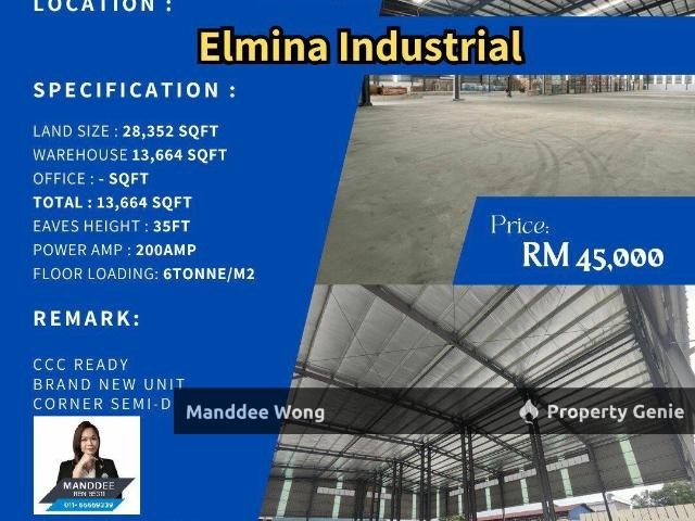 WTR/BRAND NEW UNIT/CORNER SEMI D/13,664 SQFT/45K/ELMINA INDUSTRIAL/SUNGAI BULOH