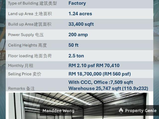 WTR/DETACHED FACTORY/33,400 SQFT/70,410/KAPAR SUNGAI INDAH/SELANGOR