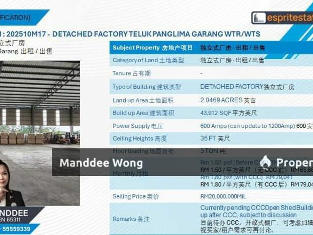 WTR/DETACHED FACTORY/43,912 SQFT/65,868/TELUK PANGLIMA GARANG