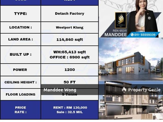 WTR/DETACHED FACTORY/65,500 SQFT/130K/WEST PORT/PULAU INDAH