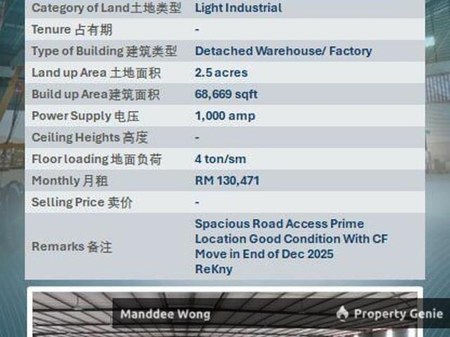 WTR/DETACHED FACTORY/68,669 SQFT/130,471/TELOK PANGLIMA GARANG/SELANGOR