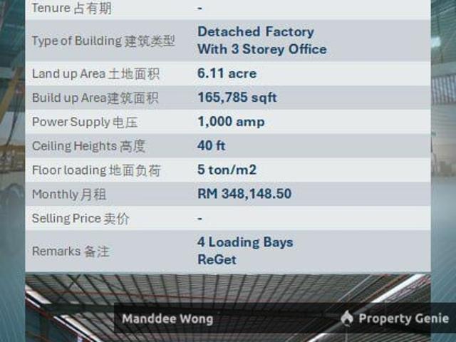 WTR/DETACHED FACTORY WITH 3 STOREY OFFICE/165,758 SQFT/348,148/WESTPORT/KLANG