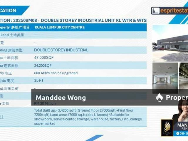 WTR/DOUBLE STOREY INDUSTRIAL UNIT/34,200 SQFT/120K/KUALA LUMPUR