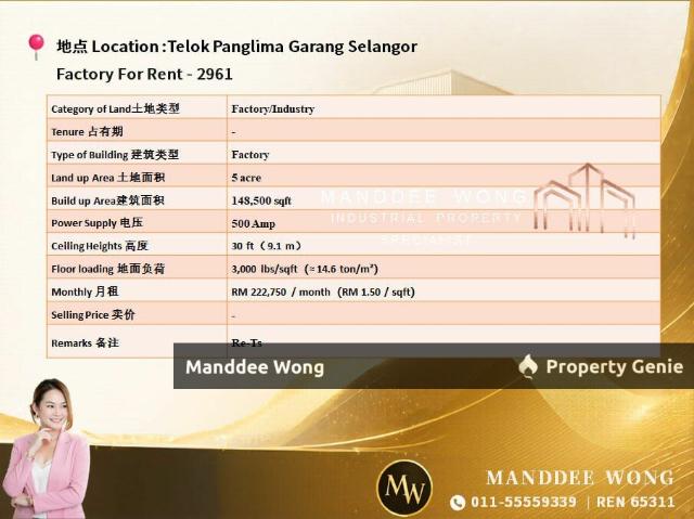 WTR/FACTORY/148,500 SQFT/222,750/TELUK PANGLIMA GARANG/SELANGOR