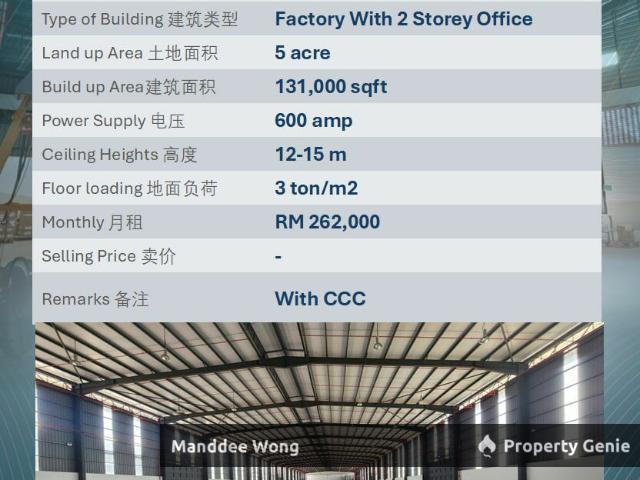 WTR/FACTORY WITH 2 STOREY OFFICE/131K SQFT/262K/SHAH ALAM