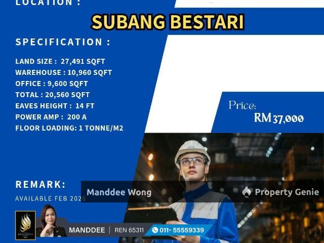 WTR/FACTORY/WAREHOUSE/10,960 SQFT/37K/SUBANG BESTARI/SHAH ALAM