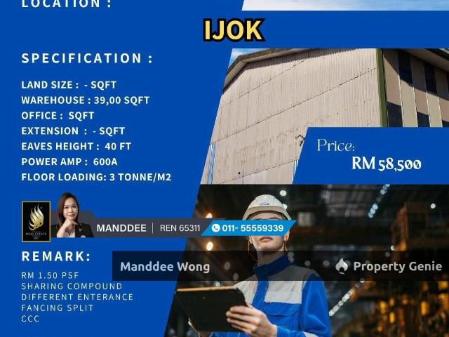 WTR/FACTORY/WAREHOUSE/39K SQFT/58,500/IJOK/KUALA SELANGOR