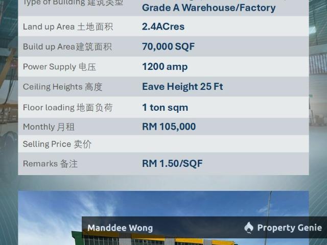 WTR/GRADE A WAREHOUSE/70K SQFT/105K/TELOK GONG/KLANG
