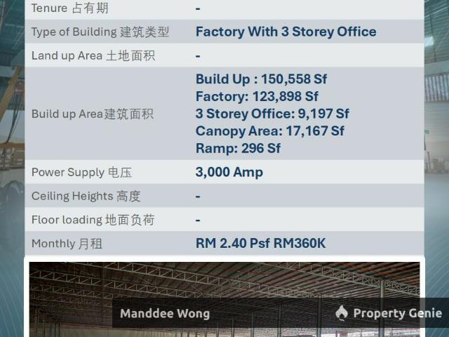 WTR/LARGE FACTORY WITH 3N STOREY OFFICE/150,558 SQFT/360K/SHAH ALAM