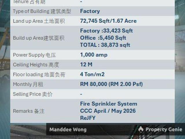 WTR/MEDIUM TO HEAVY INDUSTRY/38,873 SQFT/80K/RAWANG/SELANGOR