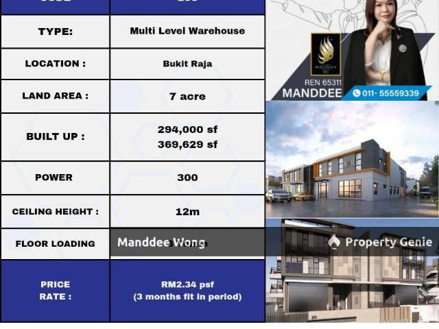 WTR/MULTILEVEL WAREHOUSE/294K SQFT/2.34PSF/BANDAR BUKIT RAJA/KLANG/SELANGOR