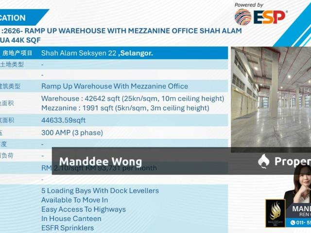 WTR/RAMP UP WAREHOUSE WITH MEZZANINE OFFICE/44,634 SQFT/93,700/SEKSYEN 22/SHAH ALAM