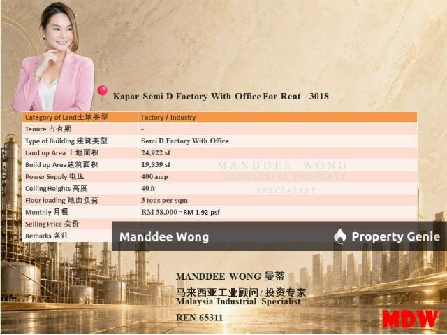 WTR/SEMI D FACTORY WITH OFFICE/19,839 SQFT/KAPAR/KLANG/SELANGOR