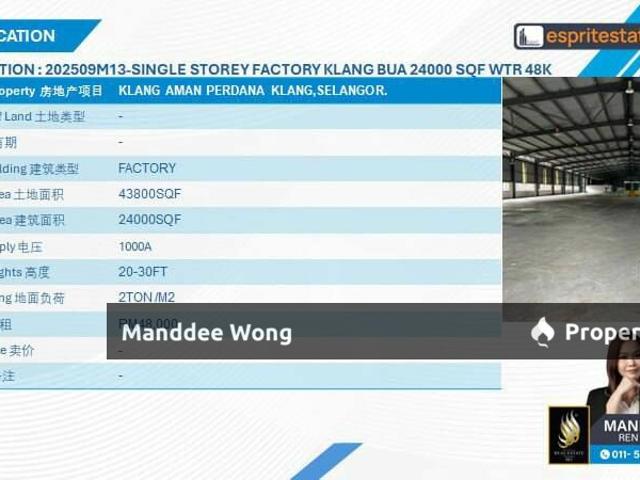 WTR/SINGLE STOREY DETACHED FACTORY/24K SQFT/48K/KLANG AMAN PERDANA