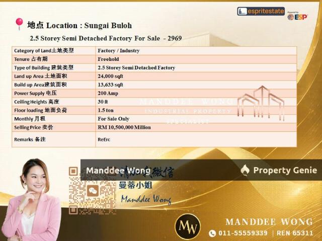 WTS/2.5 STOREY SEMI D FACTORY/13,633 SQFT/10.5MIL/SUNGAI BULOH