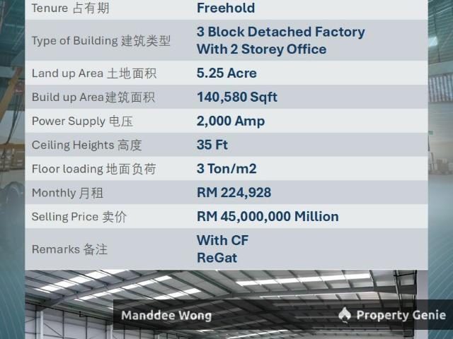 WTS/3 BLOCK DETACHED FACTORY WITH 2 STOREY OFFICE/140,580 SQFT/45MIL/KAPAR/SELANGOR