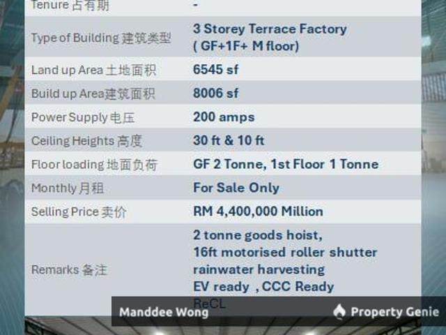 WTS/3 STOREY TERRACE FACTORY/8,006 SQFT/4.4MIL/MERU INDUSTRIAL PARK/SELANGOR
