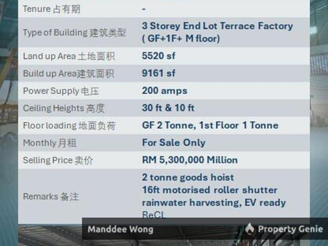 WTS/3 STOREY END LOT TERRACE FACTORY/9,161 SQFT/5.3MIL/MERU INDUSTRIAL PARK