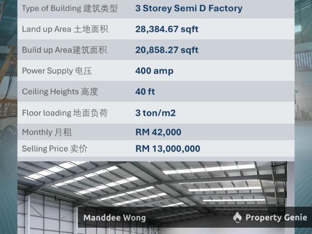 WTS/3 STOREY SEMI DETACHED FACTORY/20,858.27/13MIL/KAPAR/KLANG