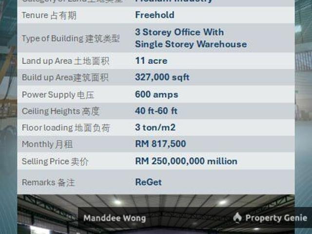 WTS/WAREHOUSE WITH 3 STOREY OFFICE/327K SQFT/250MIL/BUKIT JELUTONG/SHAH ALAM